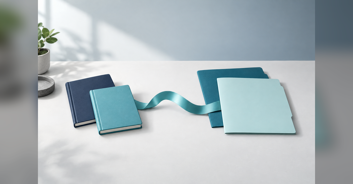 Two blank notebooks and folders linked by a ribbon, representing shared internal and external PR responsibilities