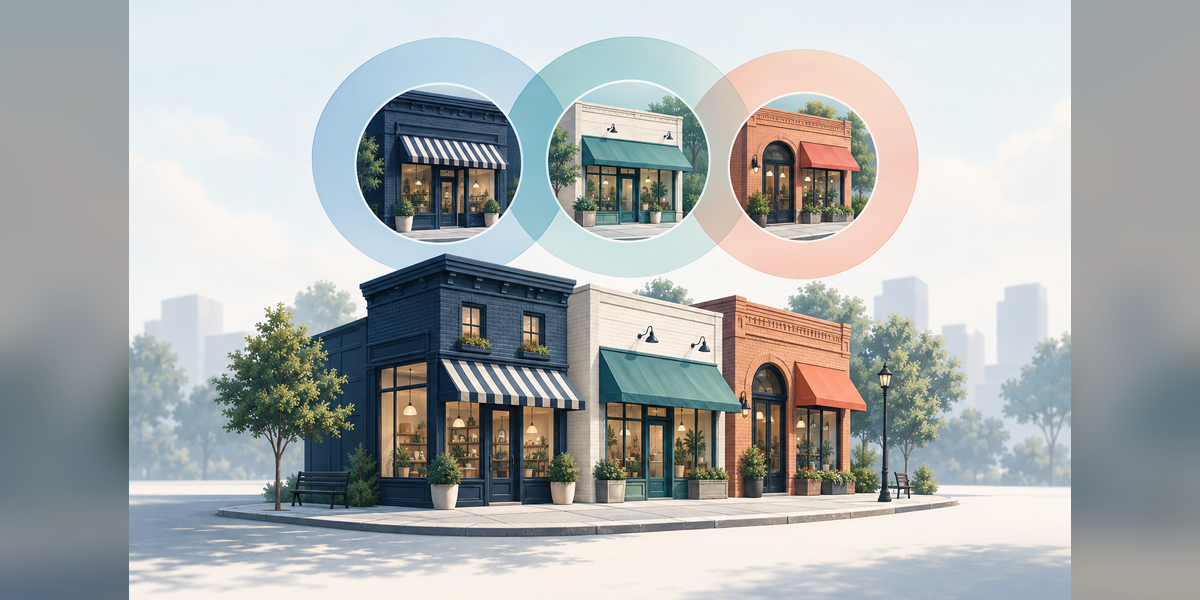 Overlapping selection lenses above a group of neighborhood storefronts