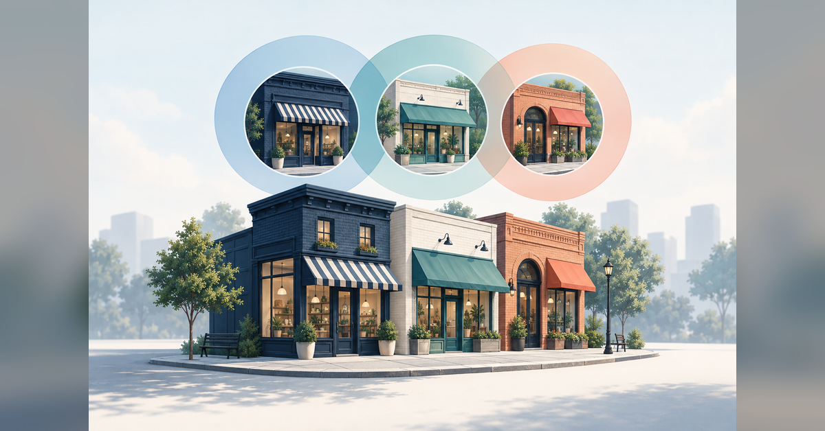 Overlapping selection lenses above a group of neighborhood storefronts