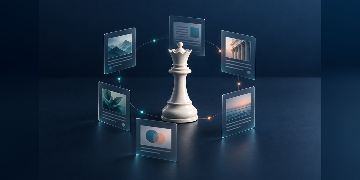 Conceptual digital PR audit represented by a chess queen and six evidence panels