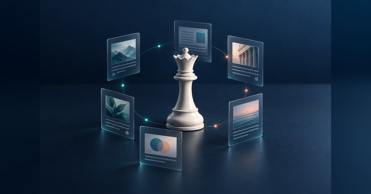 Conceptual digital PR audit represented by a chess queen and six evidence panels