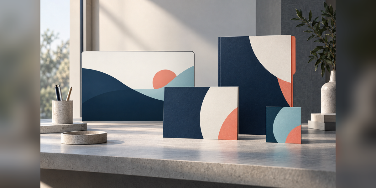 Conceptual B2B rebranding illustration showing coordinated business materials evolving while retaining a consistent visual identity