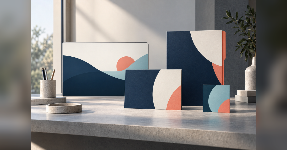 Conceptual B2B rebranding illustration showing coordinated business materials evolving while retaining a consistent visual identity