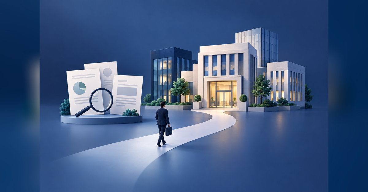 Commercial office buildings connected to source documents and a buyer inquiry path
