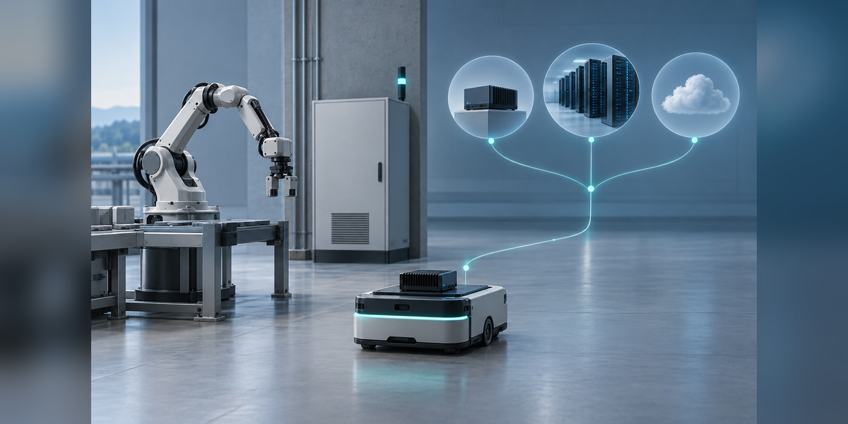 Conceptual illustration of AI inference for robotics across onboard, site-edge and centralized compute locations