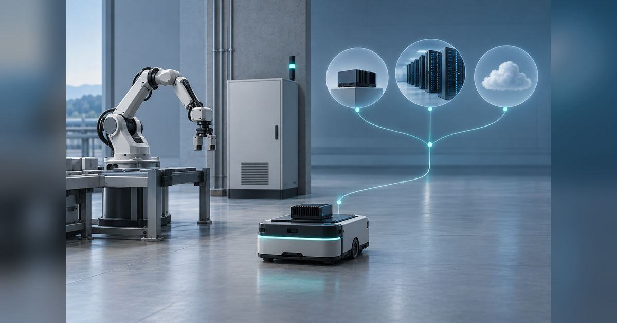 Conceptual illustration of AI inference for robotics across onboard, site-edge and centralized compute locations