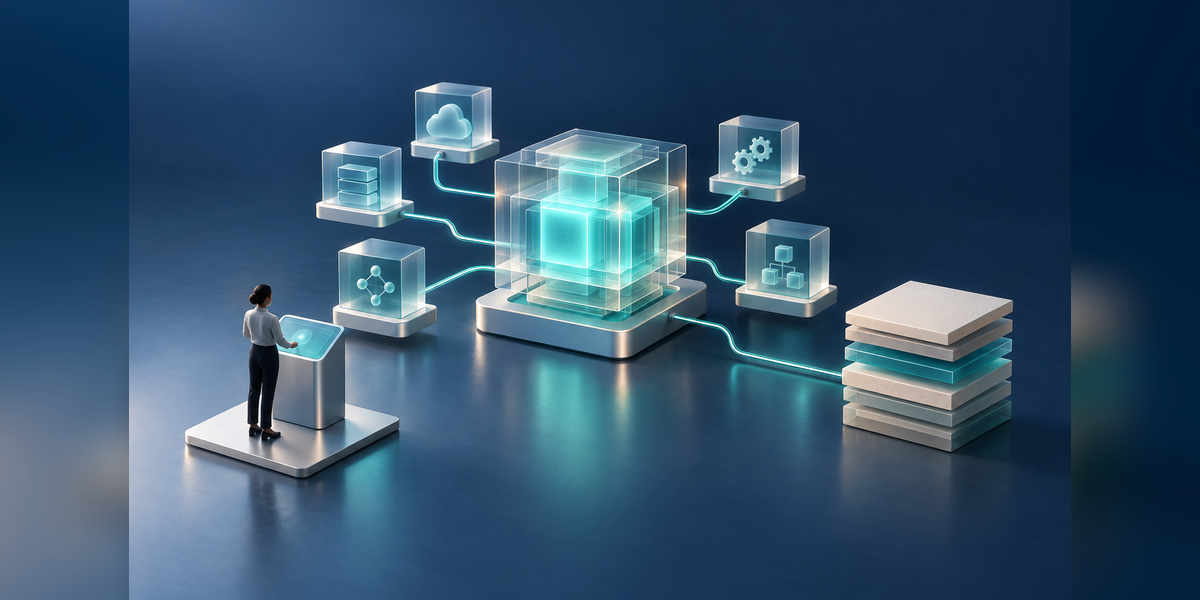 Modular AI workflow components beside cost-planning layers and a human control point
