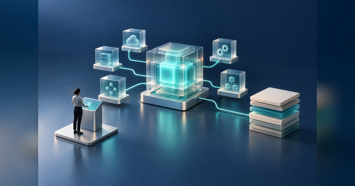 Modular AI workflow components beside cost-planning layers and a human control point
