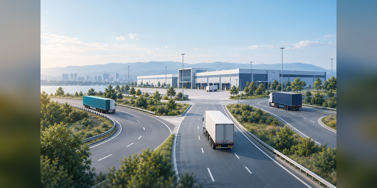 Freight trucks and a regional terminal illustrating trucking SEO service-area planning