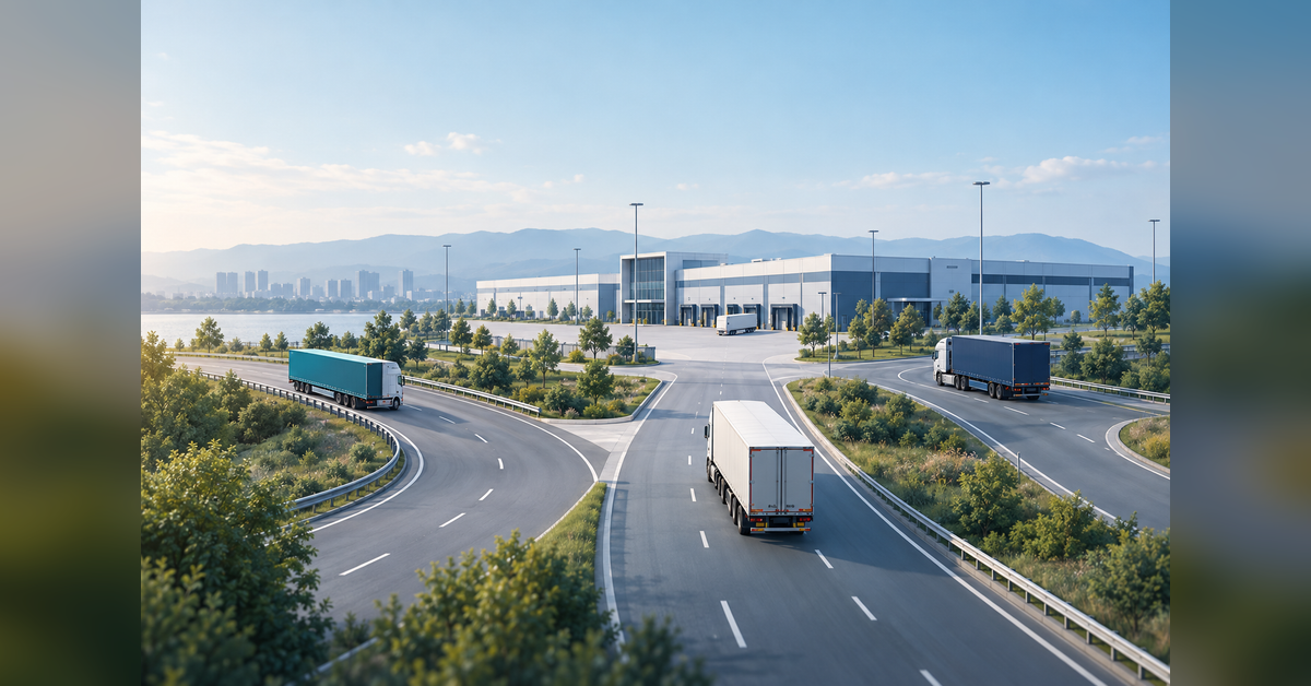 Freight trucks and a regional terminal illustrating trucking SEO service-area planning