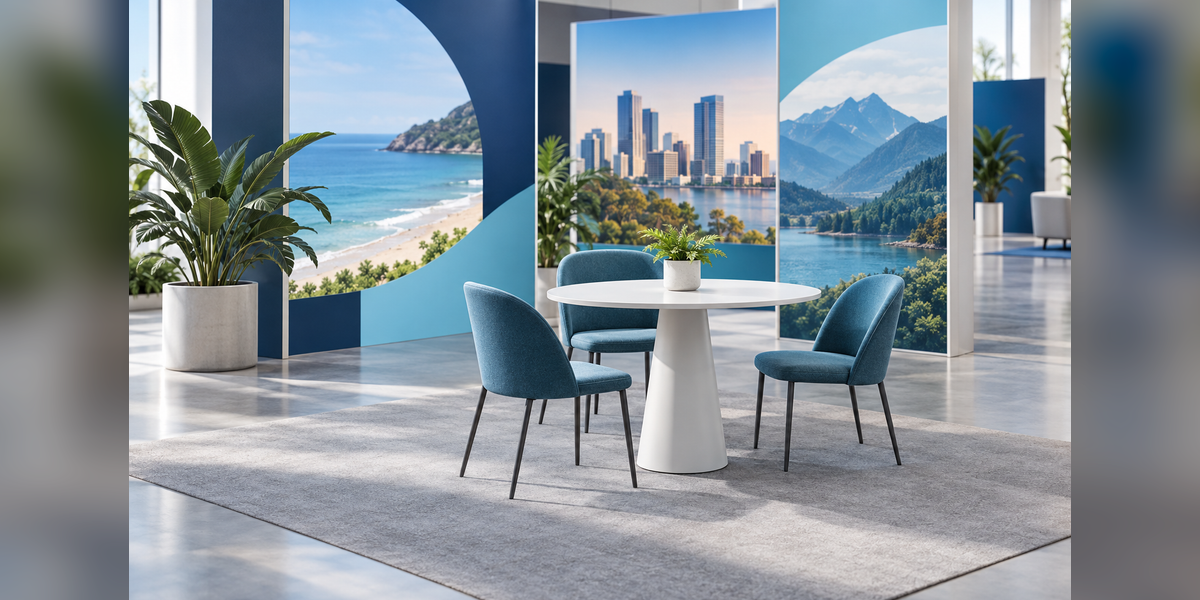 Conceptual exhibition meeting area with plain furnishings and destination-inspired panels for travel trade planning