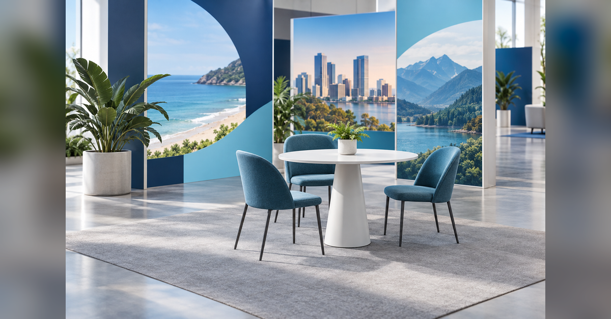 Conceptual exhibition meeting area with plain furnishings and destination-inspired panels for travel trade planning