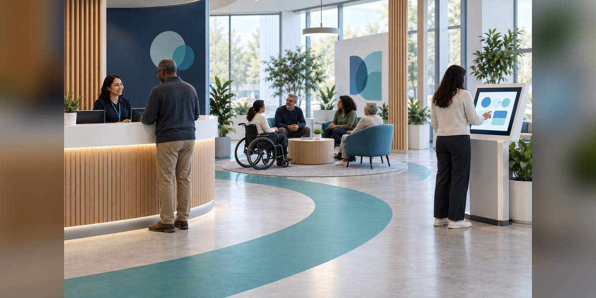 Conceptual public-service outreach scene connecting a community meeting, civic service desk and accessible digital interface.