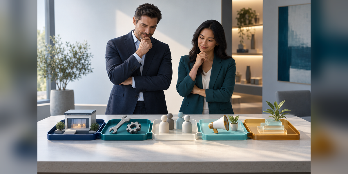 Executives planning ongoing website and digital marketing costs across five connected planning trays