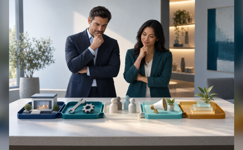 Executives planning ongoing website and digital marketing costs across five connected planning trays