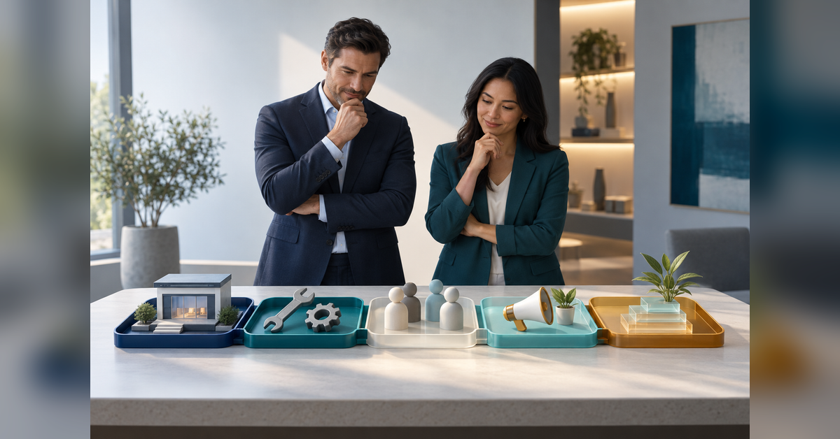 Executives planning ongoing website and digital marketing costs across five connected planning trays