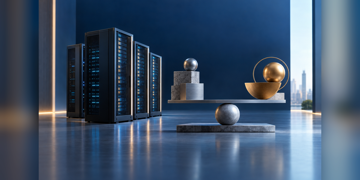 Conceptual server racks beside balanced abstract forms representing AI infrastructure investment and financial returns