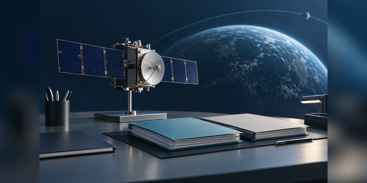 Satellite engineering model beside blank document folders, illustrating research into Space Force contracts