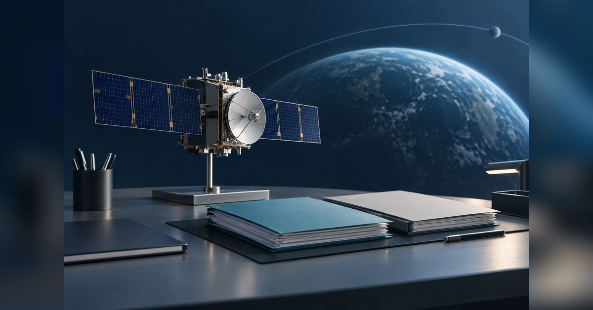 Satellite engineering model beside blank document folders, illustrating research into Space Force contracts