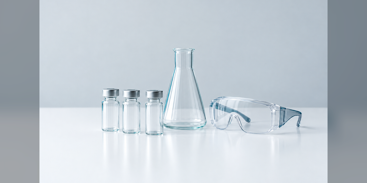 Conceptual laboratory still life of unlabelled sealed sample vials, a flask and safety goggles