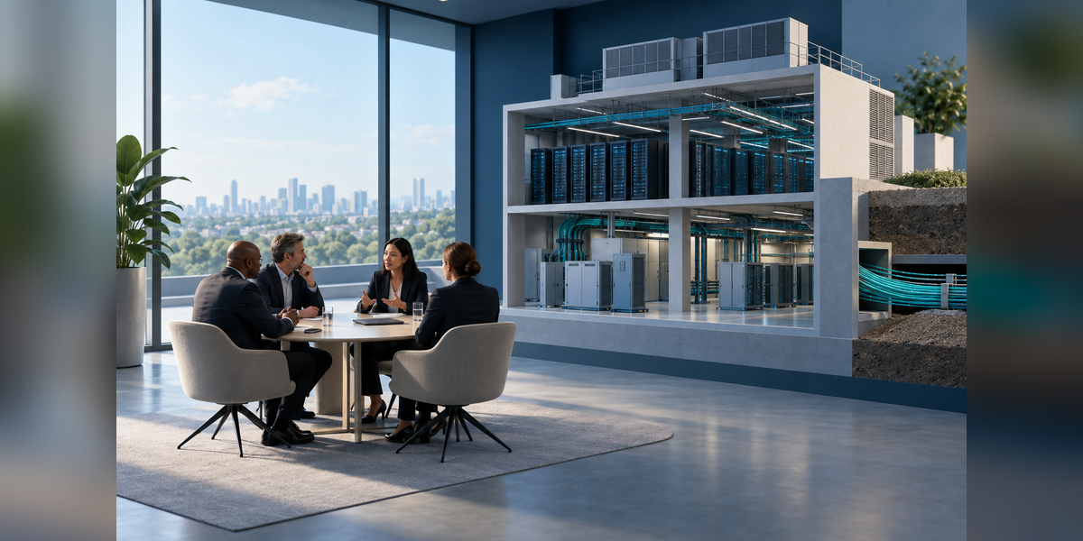 Conceptual illustration of executive meeting preparation and digital infrastructure for a Datacloud Global Congress 2027 guide