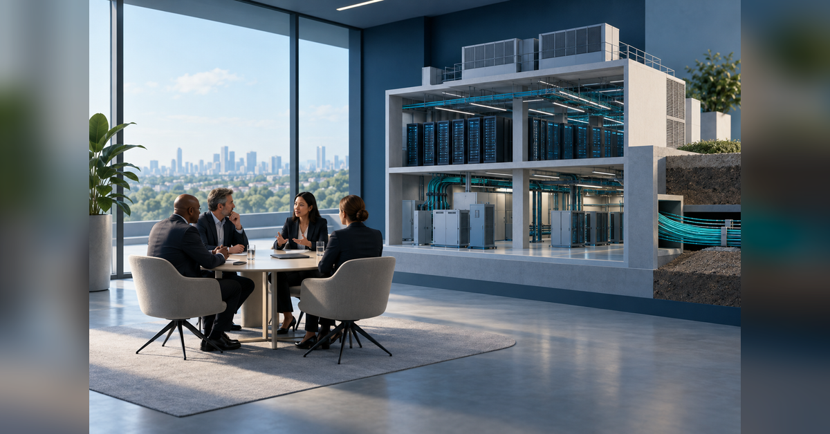 Conceptual illustration of executive meeting preparation and digital infrastructure for a Datacloud Global Congress 2027 guide