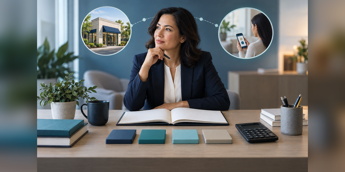 Credit union marketing budget planning with a ledger, allocation tiles and a neighborhood branch