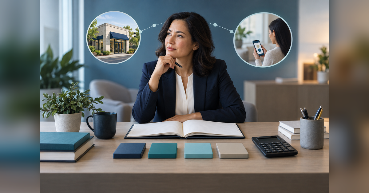 Credit union marketing budget planning with a ledger, allocation tiles and a neighborhood branch