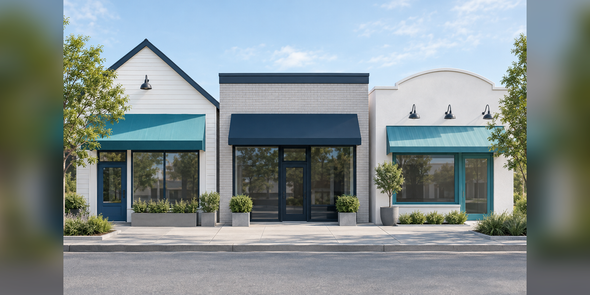 Conceptual neighborhood scene with three unbranded storefronts and a shared pedestrian sidewalk