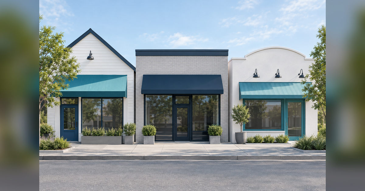 Conceptual neighborhood scene with three unbranded storefronts and a shared pedestrian sidewalk