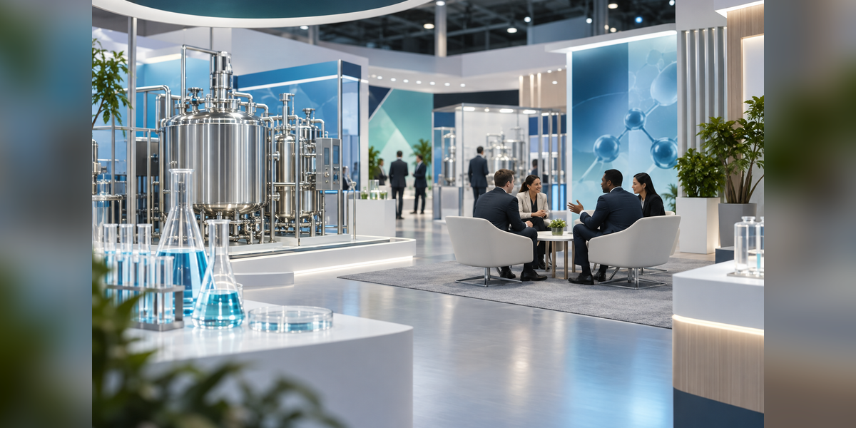 Conceptual ACHEMA 2027 illustration of pharmaceutical processing equipment and a business meeting area