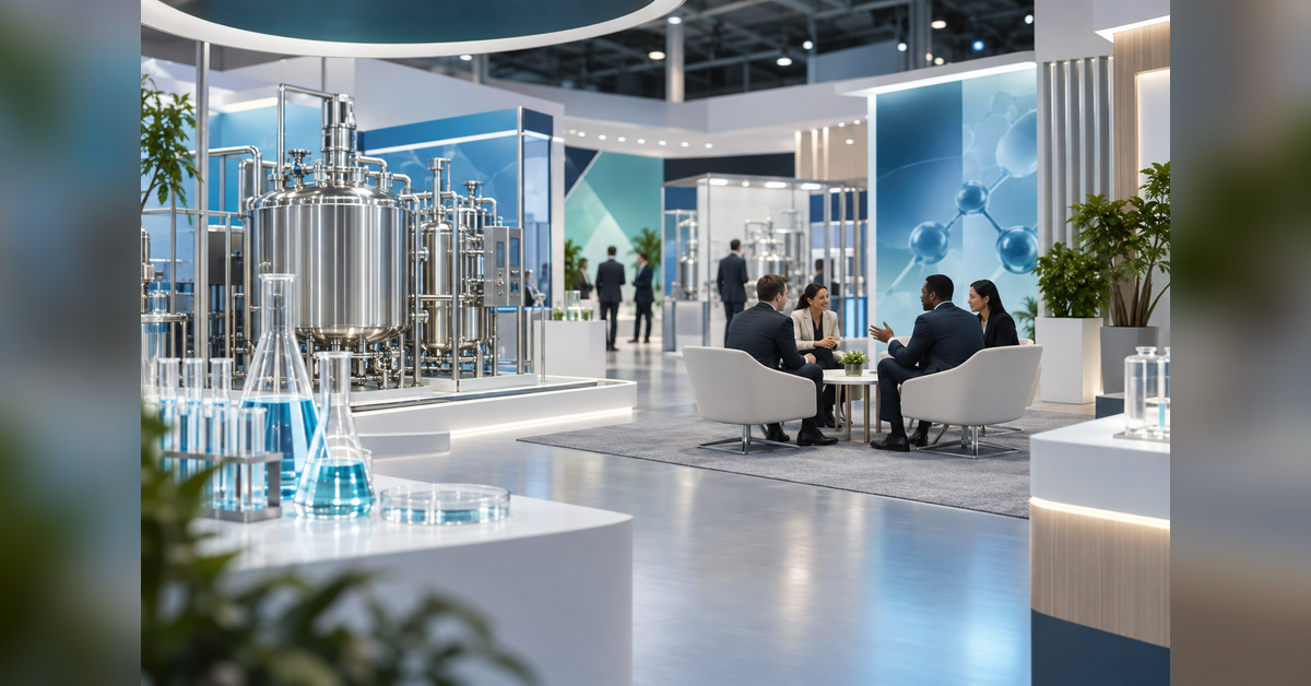 Conceptual ACHEMA 2027 illustration of pharmaceutical processing equipment and a business meeting area