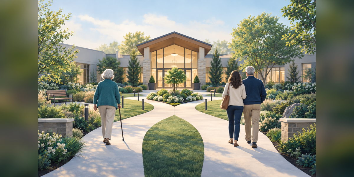 Conceptual illustration of resident and family decision paths meeting at a senior living community