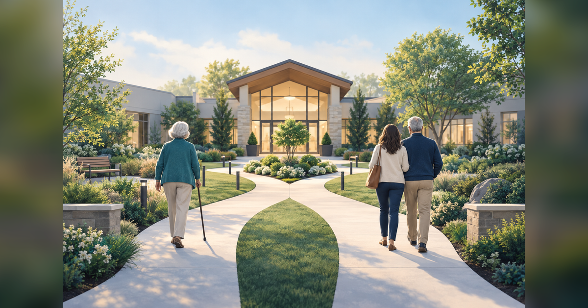 Conceptual illustration of resident and family decision paths meeting at a senior living community
