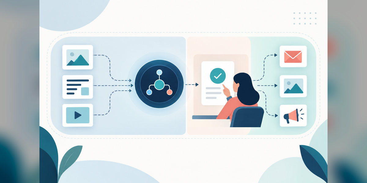 Conceptual illustration of AI marketing agents moving work through a human approval checkpoint