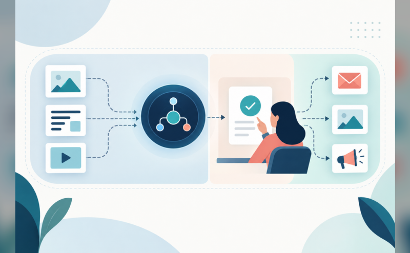 Conceptual illustration of AI marketing agents moving work through a human approval checkpoint