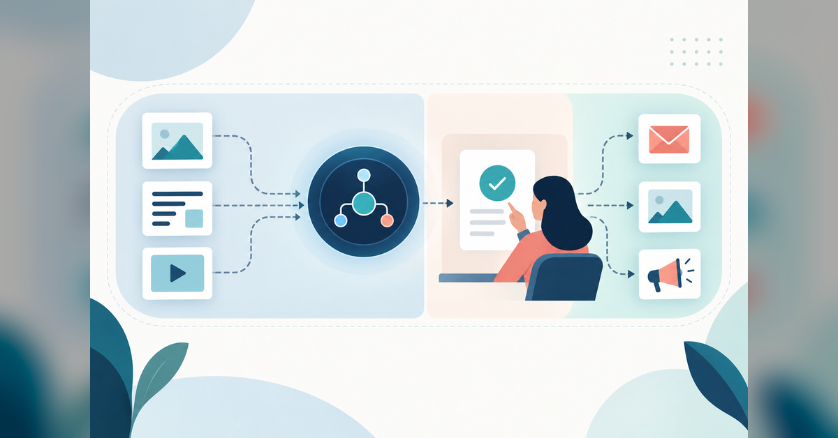 Conceptual illustration of AI marketing agents moving work through a human approval checkpoint
