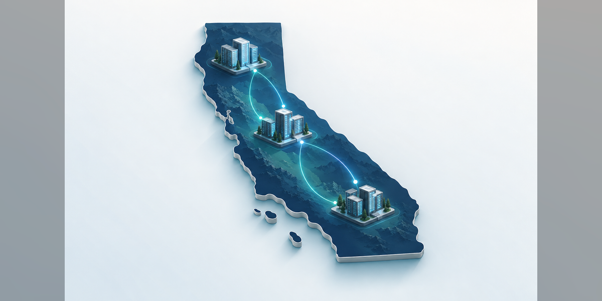 Conceptual illustration of California data center locations connected by network paths