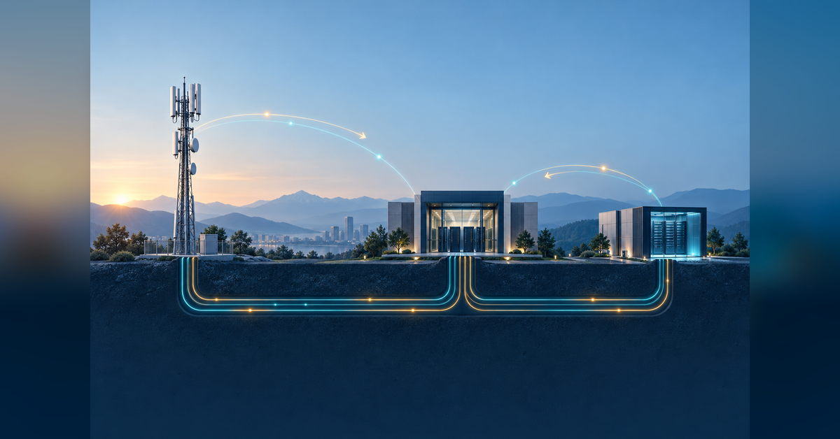 Conceptual 6G infrastructure path linking a cell site, fiber backhaul, an interconnection facility and AI compute.