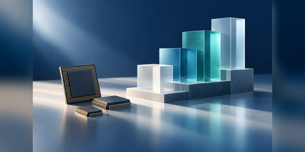 Conceptual AI-chip financing illustration with layered capital blocks beside unbranded processors