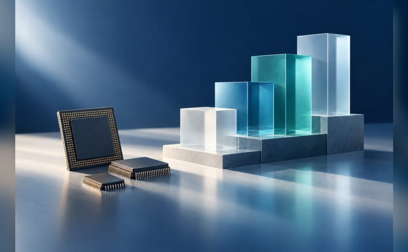 Conceptual AI-chip financing illustration with layered capital blocks beside unbranded processors