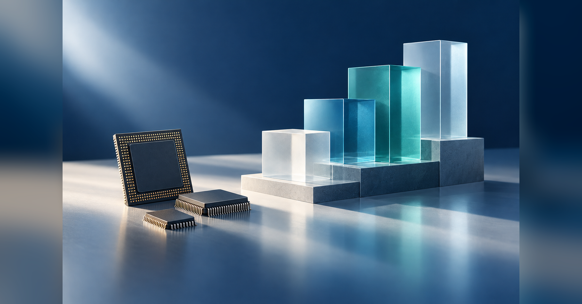Conceptual AI-chip financing illustration with layered capital blocks beside unbranded processors