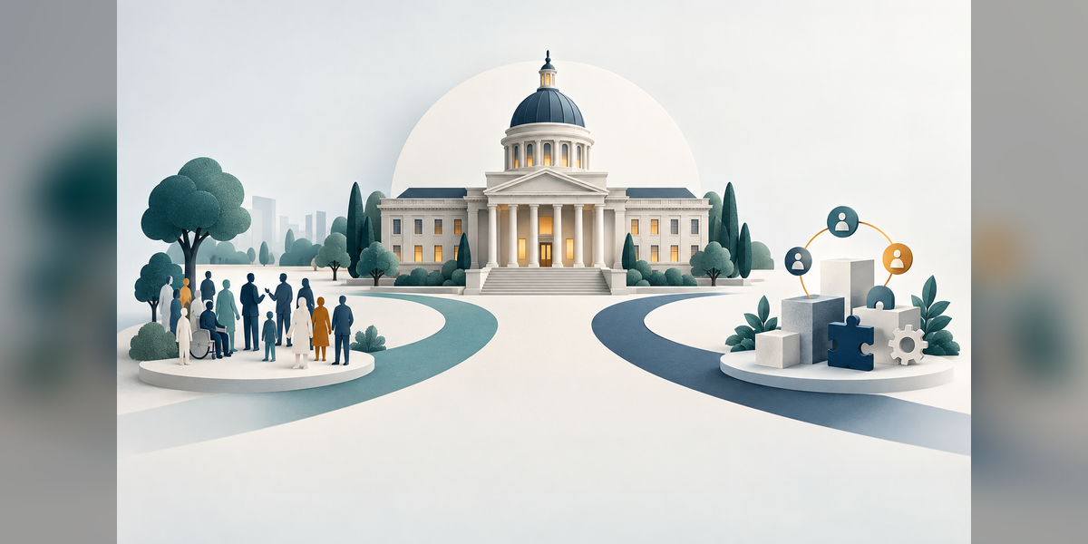 Conceptual illustration of government marketing agency work across public communications and contractor outreach