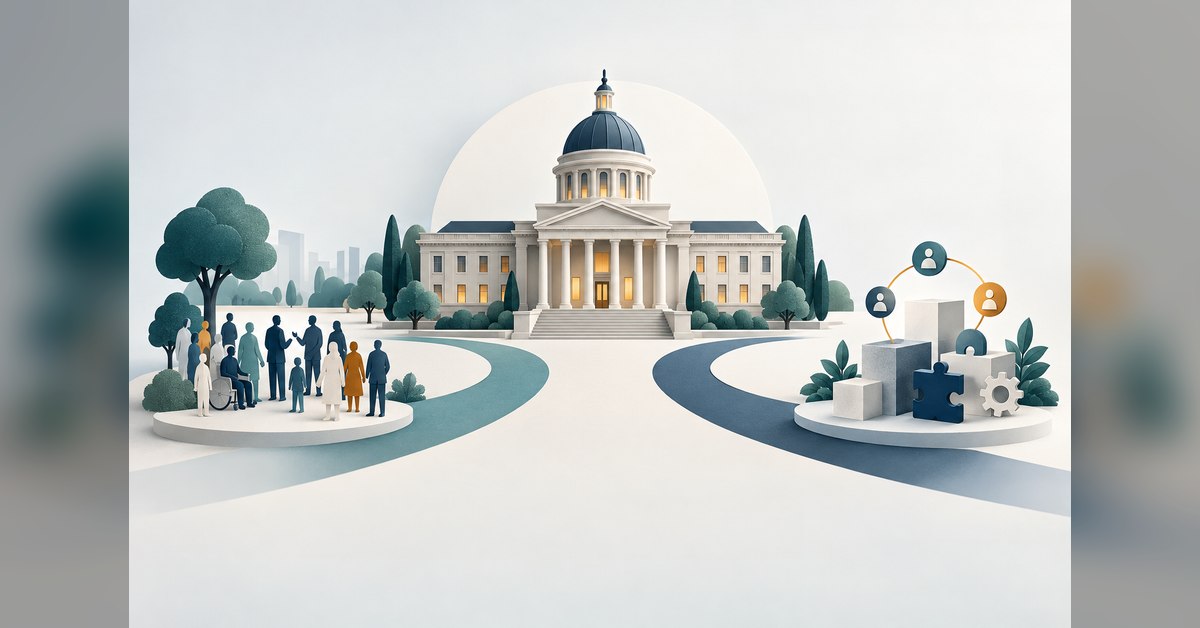 Conceptual illustration of government marketing agency work across public communications and contractor outreach