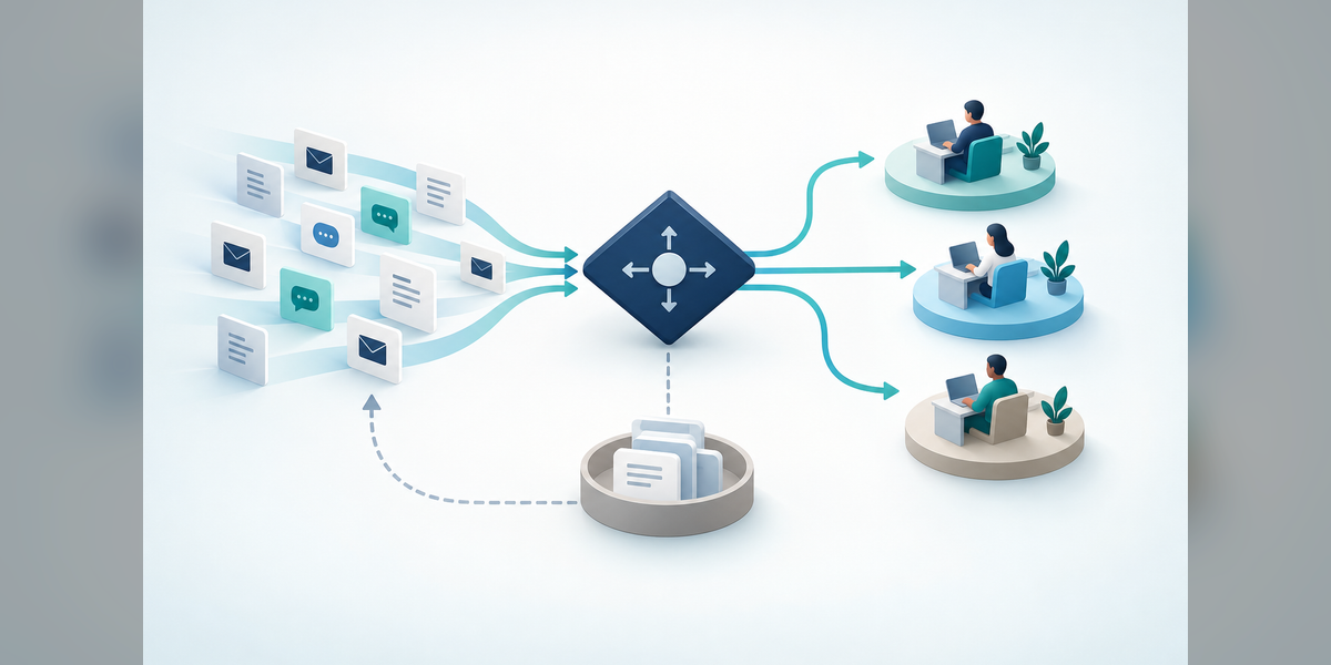 Conceptual CRM lead routing paths connecting incoming inquiries with sales owners and a fallback queue.