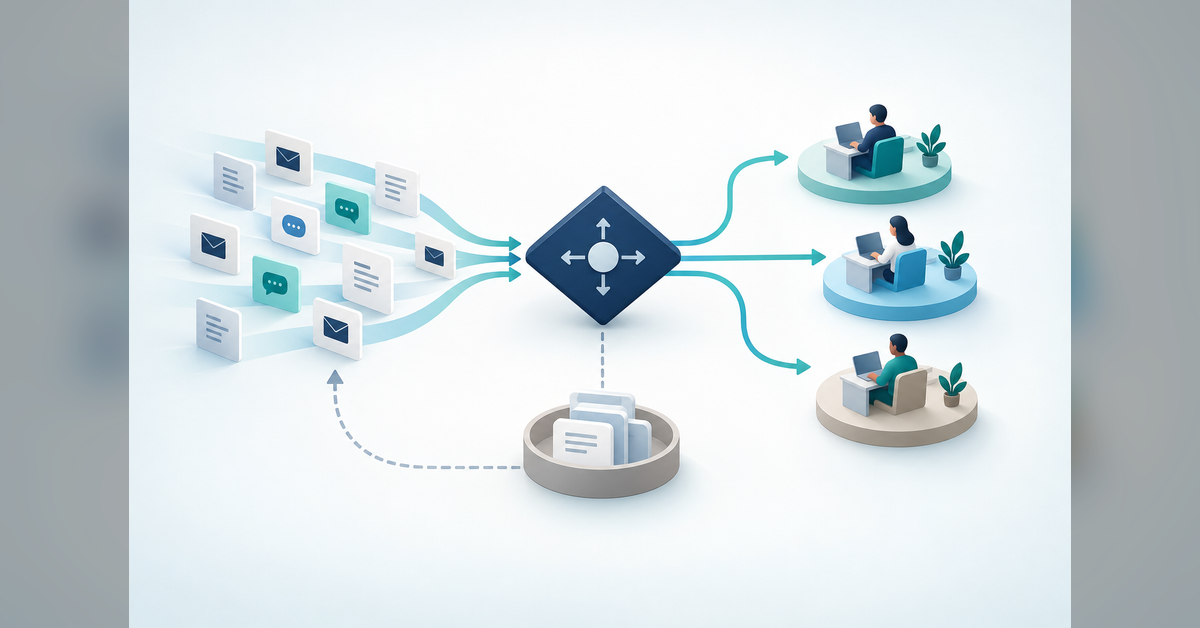 Conceptual CRM lead routing paths connecting incoming inquiries with sales owners and a fallback queue.
